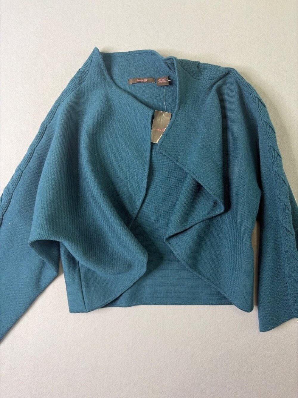 NWT Heather B 100% Wool Cropped Cardigan Size XL Woven Braided Arms Teal